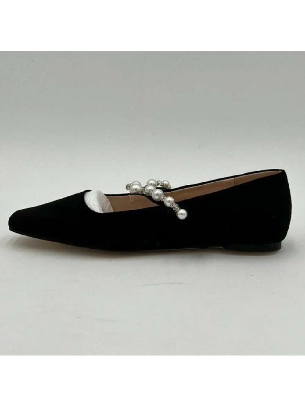 FOWT Black Square Toe Slip on Flats Pearl Studded Strap Pumps Wedding Shoes